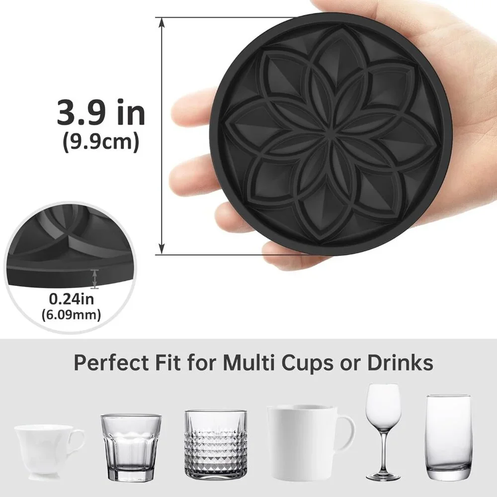 Drink Coasters Set of 6 Packs with Holder, Round Black BPA Free Silicone with No